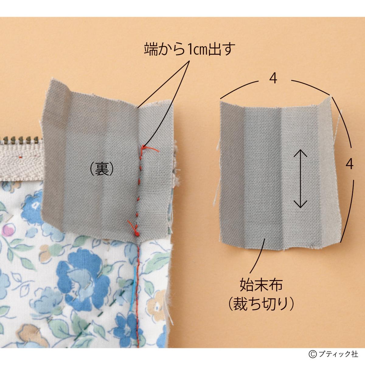 02 縫い目に沿って布を表に返し、端を折ります。