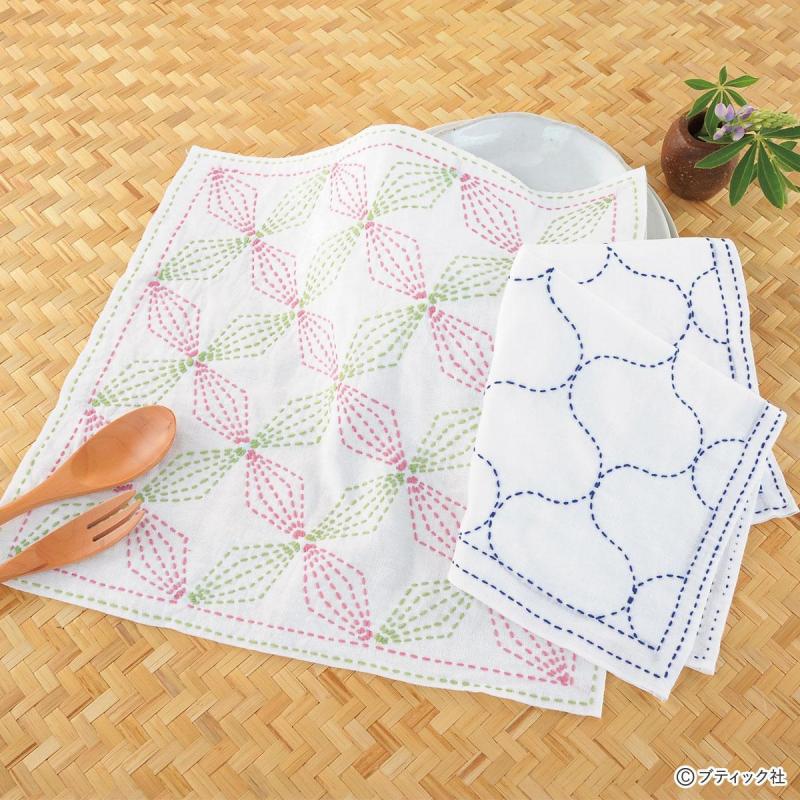 刺し子の文様がかわいい ふきん 花文 網目 の作り方 ぬくもり