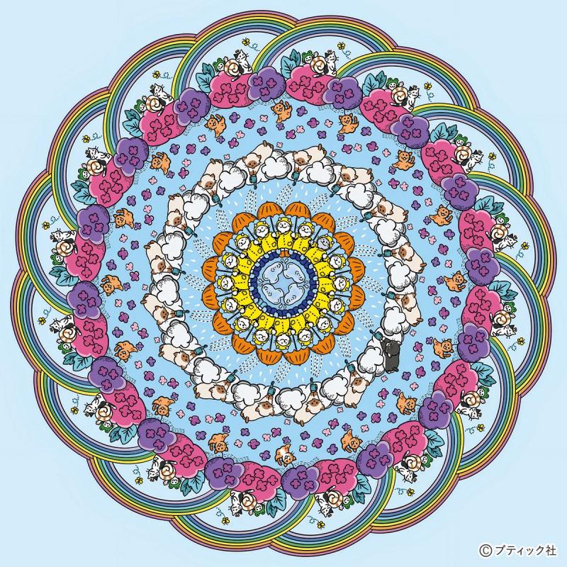 ねこだらけのマンダラぬりえ「雨の日だってHappy」